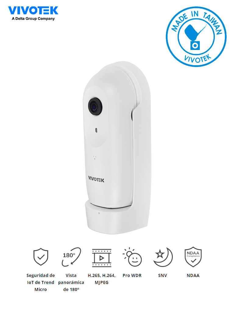 VIVOTEK CC9160-H - Cámara IP Panorámica para interior, 2 Megapixeles, WDR Pro, Visión 180º, Ciberseguridad Trend Micro, Smart Stream III, Micrófono Integrado, Visión SNV, Conectores DI/DO, ONVIF