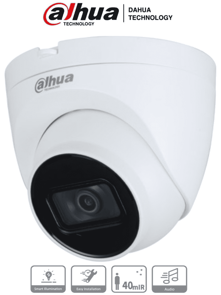 DAHUA HAC-HDW1200TQ-A-Cámara domo Dahua de 2 MP con lente de 2.8 mm, ángulo de 102 grados, IR de 40 m, micrófono integrado, instalación rápida, DWDR, IP67, y diseño en metal y policarbonato.