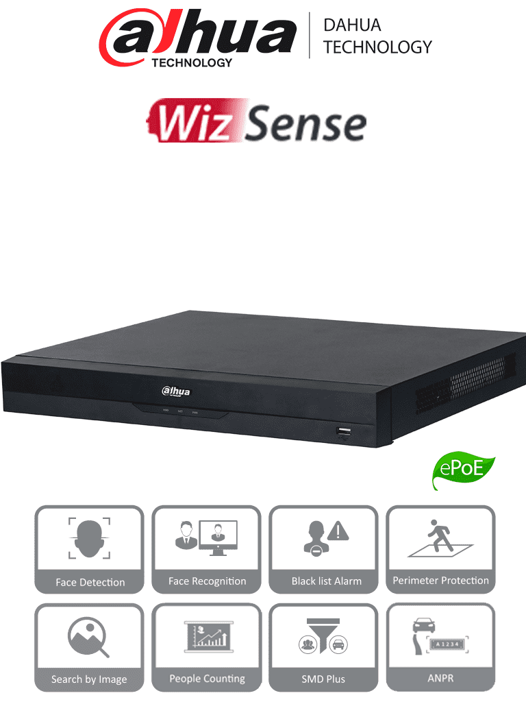 DAHUA NVR5208-8P-EI - NVR de 2 Megapíxeles/ 8 Canales IP/ WizSense/ 8 Puertos PoE/ Smart H.265+/ 2 Ch de Reconocimiento Facial y FD/ Hasta 20 Bases de Datos de Rostros/ 2 Puertos SATA/ SMD Plus/ Onvif/ #LoNuevo