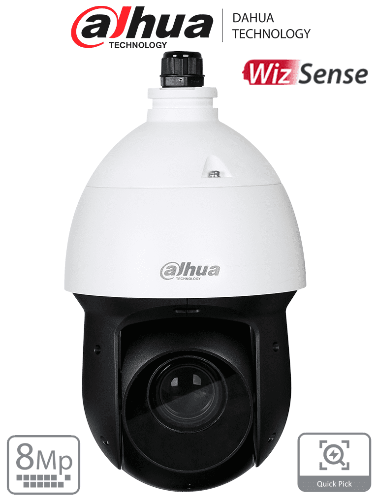 DAHUA SD49825GB-HNR - Cámara IP PTZ de 8 Megapíxeles/ WizSense/ 25x de Zoom Óptico/ IR de 100 Metros/ H.265+/ WDR Real de 120 dB/ Protección Perimetral y Face Detection/ SMD 4.0/ Ranura para MicroSD/ IP66/ E&S de Alarma y Audio/ #LoNuevo 