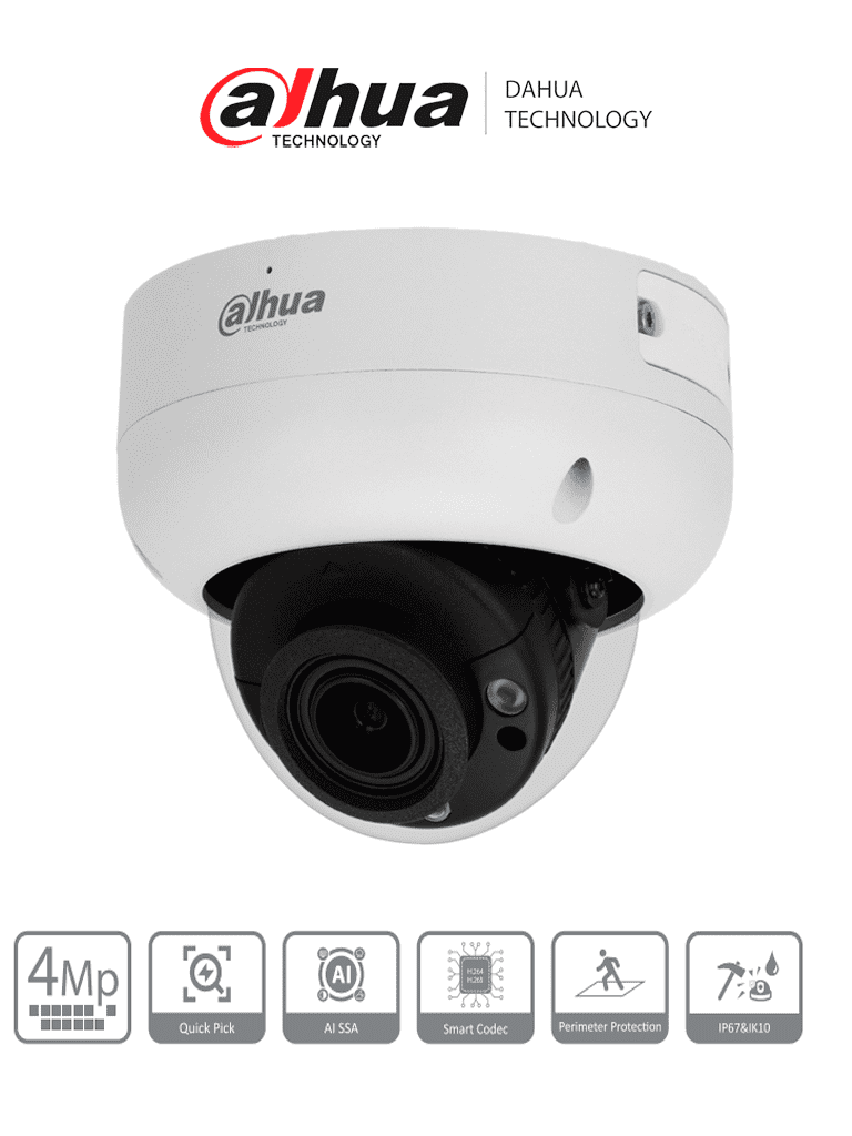 DAHUA DH-IPC-HDBW3441R-ZAS-S2 Cámara IP Domo  de 4 MP /WizSense/ Lente Varifocal/ IR 50 m/Luz cálida 40 m/ SMD 4.0/  Micrófono/ Ranura para Micro SD/ PoE/ IP67/ E&S de Alarma