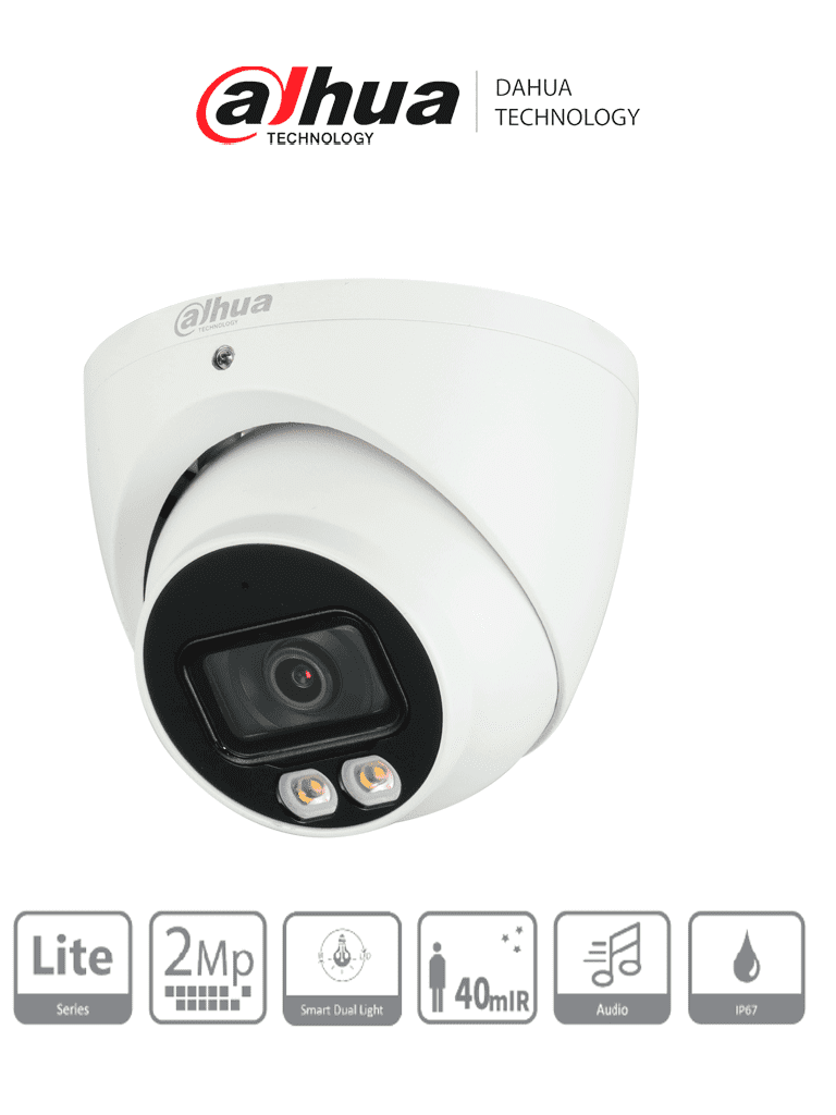 [DHT0300063] DAHUA HAC-HDW1200T-IL-A - Camara Domo de 2 Megapixeles/ Iluminador Dual Inteligente + Full Color/  Lente de 2.8 mm/ 102 Grados de Apertura/ Microfono Integrado/ 40 Metros de Iluminacion IR y Visible/ dWDR/ IP67/ Super Adapt/ 