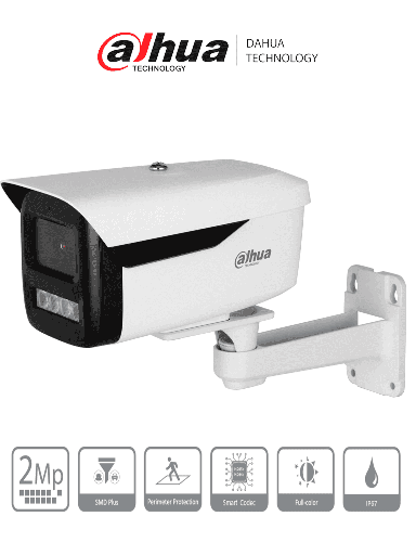 DAHUA IPC-HFW2249M-AS-LED-B- Cámara IP Bullet 2 Megapíxeles/ WizSense/ Full Color/ Con IA/ SMD Plus/ Lente de 3.6 mm/ Micrófono Integrado/ IR de 50 Mts/ Ranura MicroSD/ E&S de Alarma y Audio/ WDR Real de 120 dB/ PoE/ IP67/ #LoNuevo