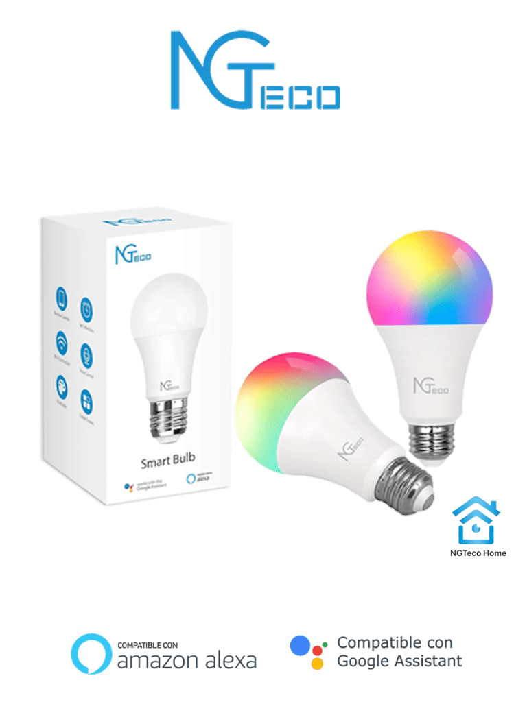 [ZKT1320011] NGTECO NGL200PAQ2 - Paquete de 2 Focos Inteligentes WiFi / Colores Regulables / Control Remoto vía App / Control de Voz mediante Amazon Alexa y Asistente de Google / Temporizador  