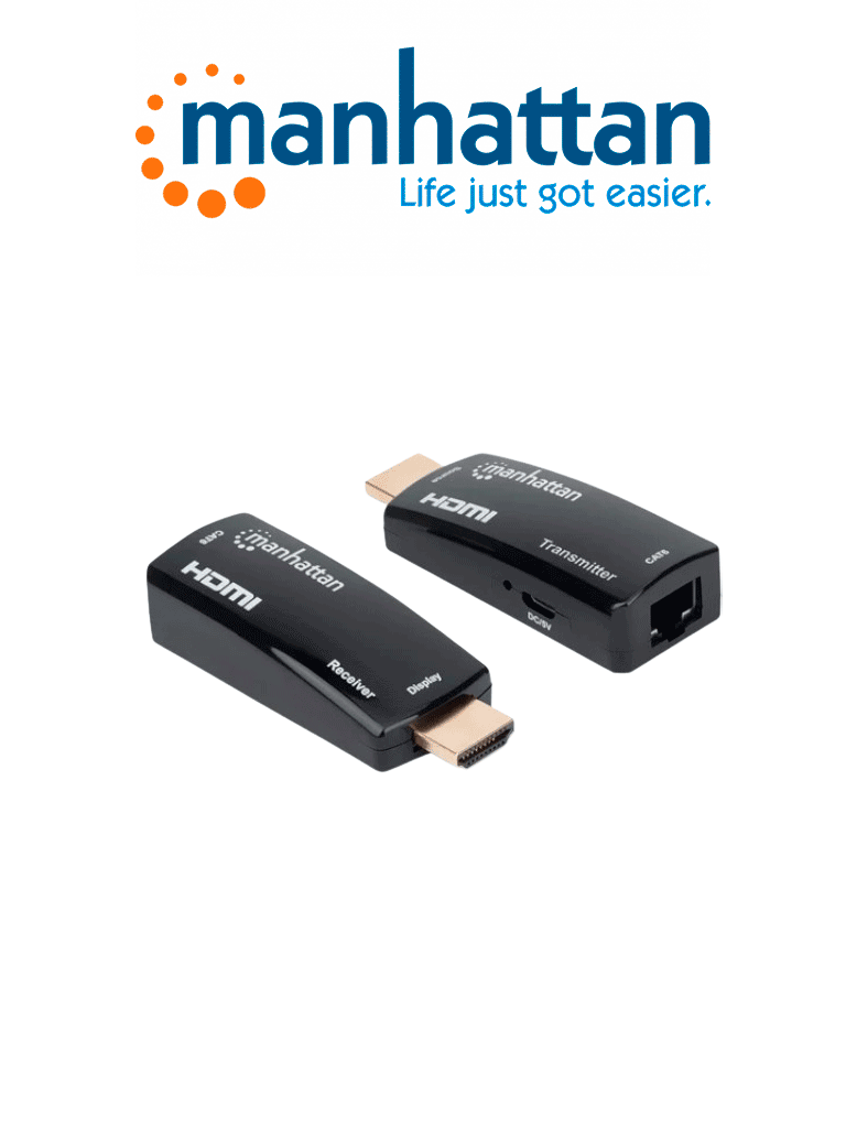 MANHATTAN 207539 - Kit Extensor compacto de HDMI sobre Ethernet 60m / Extiende las distancias de la señal de 1080p@60Hz hasta 60 m (196 pies) con un solo cable Ethernet Cat6, Transmisor y Receptor, Power over Cable, Diseño Ultra Delgado, Negro