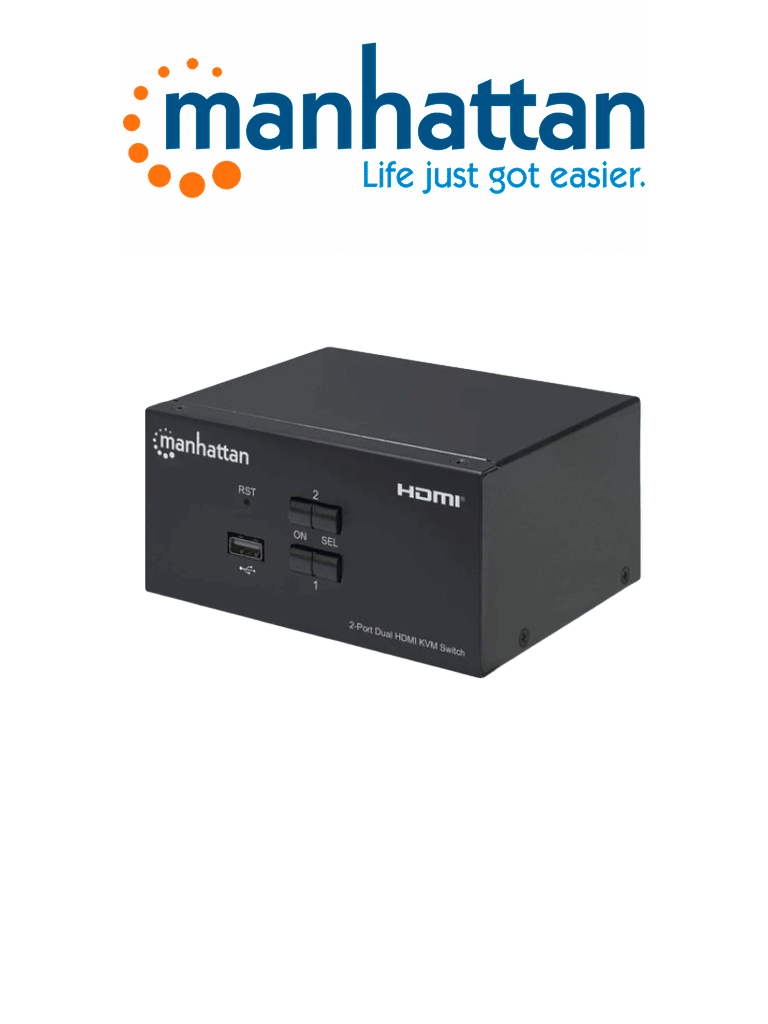 MANHATTAN 153522 - Switch KVM HDMI de 2 puertos para dos monitores / Conexiones HDMI de doble pantalla, 4K@30Hz, conexiones USB, conexiones de audio y micrófono de 3.5 mm, hub USB 2.0, negro