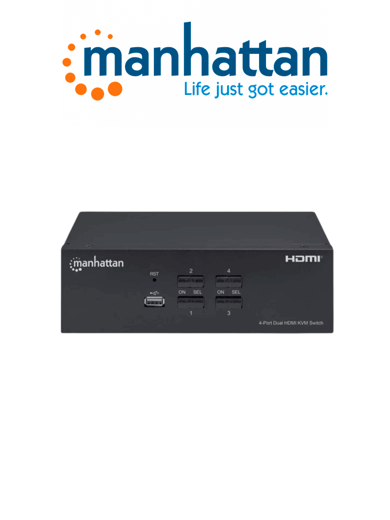 [MAN0570007] MANHATTAN 153539 - Switch KVM HDMI de 4 puertos para dos monitores / Conexiones HDMI para dos monitores, 4K@30Hz, conexiones USB, conexiones de audio y micrófono de 3.5 mm, hub USB 2.0, negro