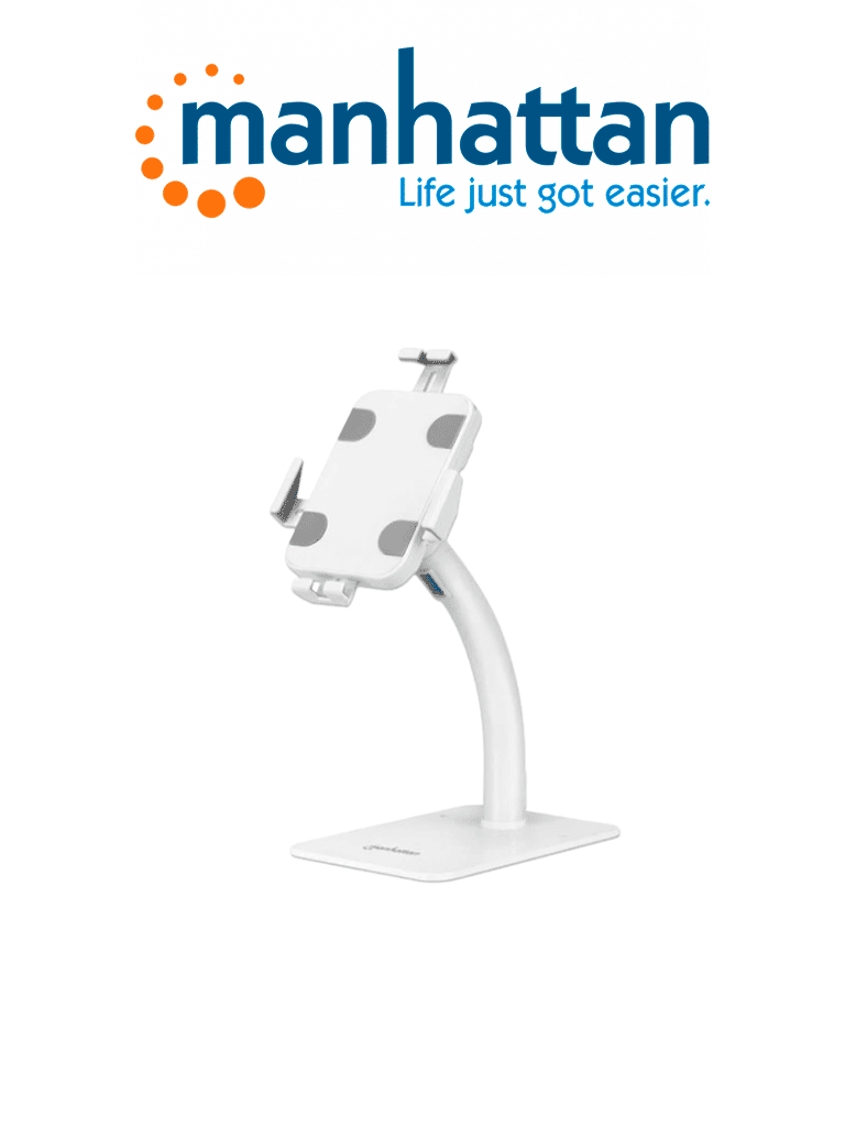 MANHATTAN 406352 - Soporte antirrobo para Tablet y iPad / Soporte universal para tabletas de 7,9" a 11", para escritorio, con rotación de 360°, inclinación de +20° a -110°, blanco