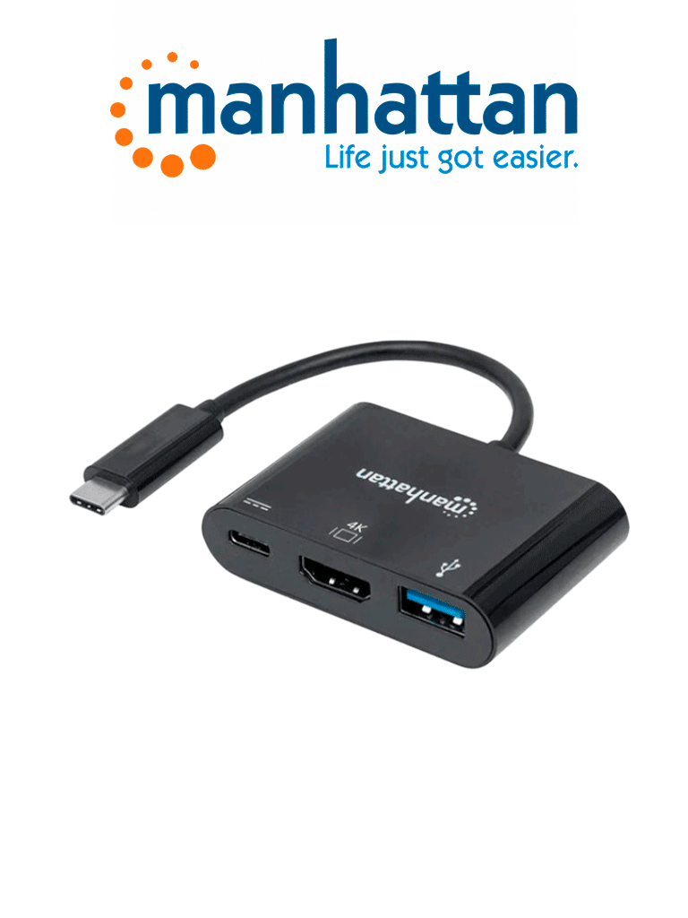 MANHATTAN 152037 - Estación Docking  HDMI Convertidor USB Tipo-C SuperSpeed, USB 3.1 Tipo-C Macho a HDMI, USB Tipo-A y USB Tipo-C Hembras, Convertidor multipuertos, Negro