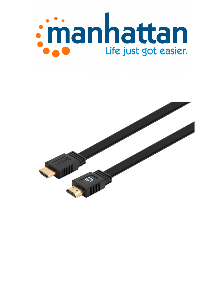 [MAN2760027] MANHATTAN 355629 - Cable HDMI plano de Alta Velocidad con Ethernet 4K @ 60Hz UHD, HDMI macho a macho, 3 m (10 pies), HDR, HEC, ARC, contactos bañados en oro, negro