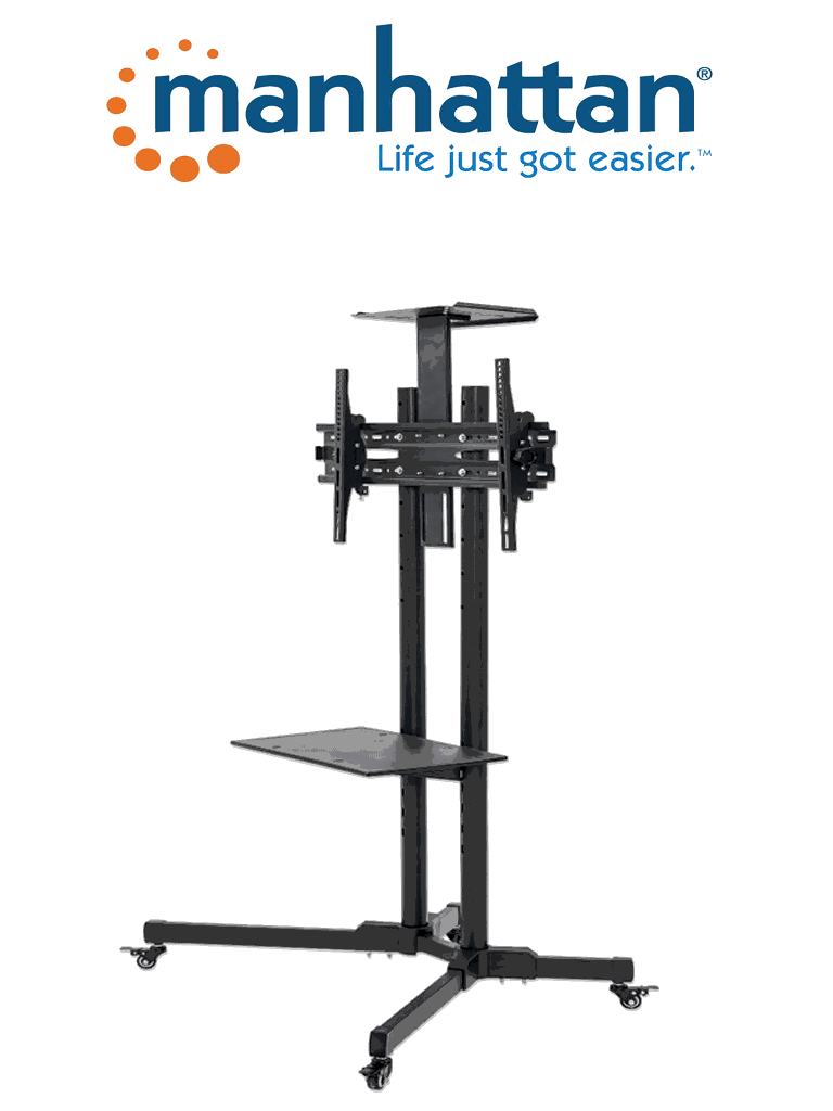 MANHATA 462174 - Soporte de carrito multimedia económico / Para TV de 32" a 65" / Hasta 55Kg / +/- 15°/  altura ajustable / estantes para cámaras y AV / construcción de acero/ Color negro