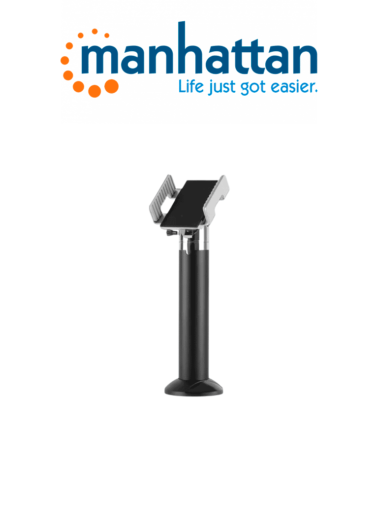 MANHATTAN 462242 Soporte seguro antirrobo y abrazadera ajustable para terminales punto de venta (lectores de tarjetas) con ancho entre 69 a 109 mm, Inclinación de +60 a -70°, giro de 360°, aluminio, negro