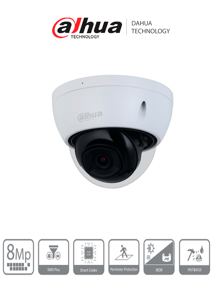 DAHUA IPC-HDBW2841E-S -Cámara IP Domo Antivandálica 4k/ 8 Megapíxeles/ Lente de 2.8mm/ 106 Grados de Apertura/ H.265+/ WDR Real de 120 dB/ IR de 30 Mts/ Video analíticos con IVS/ IP67/ IK10/ PoE/ Ranura para MicroSD/#LoNuevo