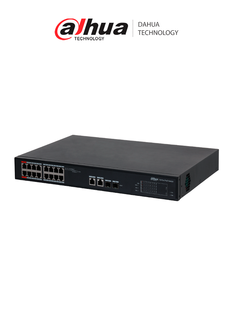 DAHUA DH-S4101-16ET2GF-240-C  Switch PoE Administrable en la nube de 18 Puertos Ethernet/ 16 Puertos PoE/ 240 Watts Totales/ 2 Puertos SFP/2 Puertos Uplink/ PoE Watchdog/ Switching 7.2 Gbps/ Plataforma Dolynlk care 
