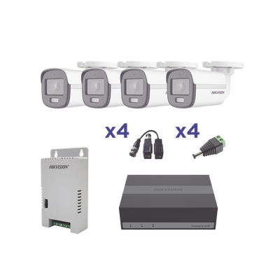 [218380] KIT COLORVU TURBOHD 1080p Lite / DVR 4 Canales con almacenamiento 300GB(eSSD) / 4 Cámaras Bala ColorVu con Micrófono/ Transceptores / Conectores / Fuente de Poder Profesional