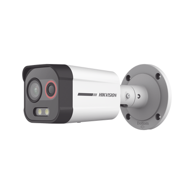 Bala IP Dual / Térmica 2.6 mm (96 x 72) / Óptico 6 mm (4 Megapixel) / Detección de Intrusión por VCA 30 mts /30 mts Luz Blanca / Exterior IP67 / PoE / Sirena y Luz Intermitente Integrada / Micro SD / ColorVu y ACUSENSE 