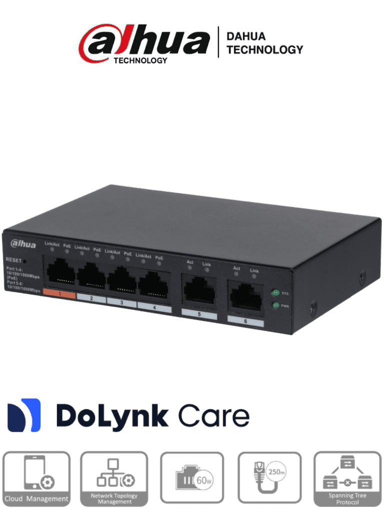 DAHUA CS4006-4GT-60 -  Switch PoE de 6 Puertos Gigabit/ 4 Puertos PoE 10/100/1000/ 2 Puertos Uplink 10/100/1000/ 60 Watts Totales/ Administrable en la Nube por DoLynk Care/ PoE Hasta 250 Metros/ Carcasa Metalica/ Switching 12 Gbps/ #LoNuevo