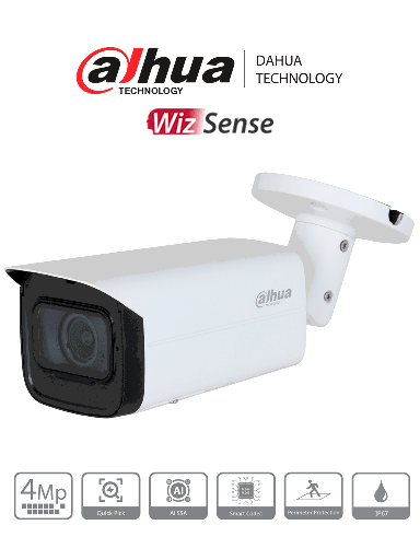 [DHT0030095] DAHUA DH-IPC-HFW3441T-ZS-S2- Cámara IP Bullet de 4 MP/ WizSense/ Lente Motorizado de 2.7 a 13.5mm/ IR de 60 Metros/ H.265+/ WDR Real/ Protección Perimetral/ IP67/ PoE/ SMD Plus/