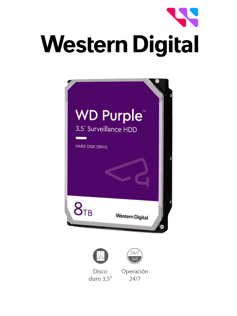 [WDC1490036] WESTERN DIGITAL WD85PURZ - Disco Duro de 8 TB Purple/ Especial para Videovigilancia/ Trabajo 24/7/ Interface: Sata 6 Gb/s/ Hasta 64 Cámaras/ Hasta 16 Bahías de Discos Duros