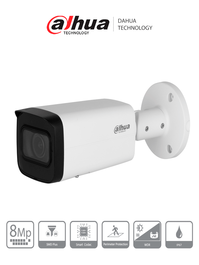 [DHT0030151] DAHUA DH-IPC-HFW2841T-ZS Cámara IP Bullet de 8 Megapíxeles/ Motorizado/ IR de 60 Mts/ 113°/ H.265+/ SMD+/ Protección Perimetral/ Ranura para MicroSD/ WDR/ 3D NR/ HLC/ BLC/ E&S de Alarma y Audio/ IP67/ #LoNuevo