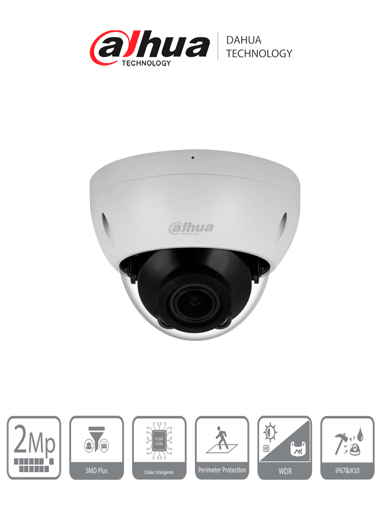 DAHUA DH-IPC-HDBW2241R-ZS Cámara Domo IP de 2 MP/ Lente Mot 2.7 mm–13.5 mm/ H.265+/ IR de 40 Mts/ WDR Real/ Prtección Perimetral/ Videoanaliticos/ SMD Plus/ Ranura para MicroSD/ E&S de Alarma y Audio/ IP67/ IK10/ PoE/  #LoNuevo