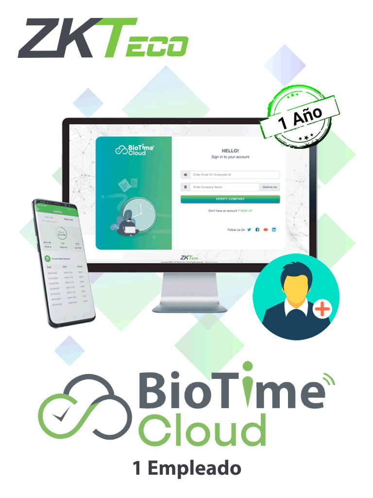 ZKTECO BIOTIMECLOUDEMP - Licencia de asistencia en la nube para la administración de un empleado /  renta de 1 año 