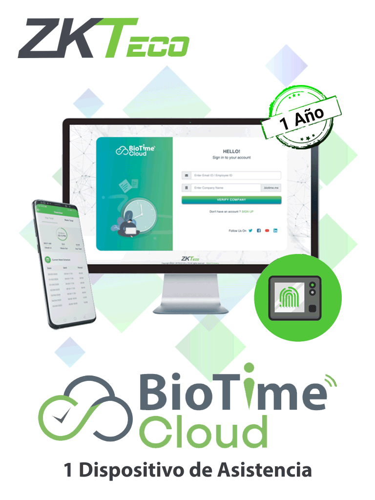 [ZKT0820128]  ZKTECO BIOTIMECLOUDPDEV - Licencia de asistencia en la nube para la administración de un biométrico / renta de 1 año  	