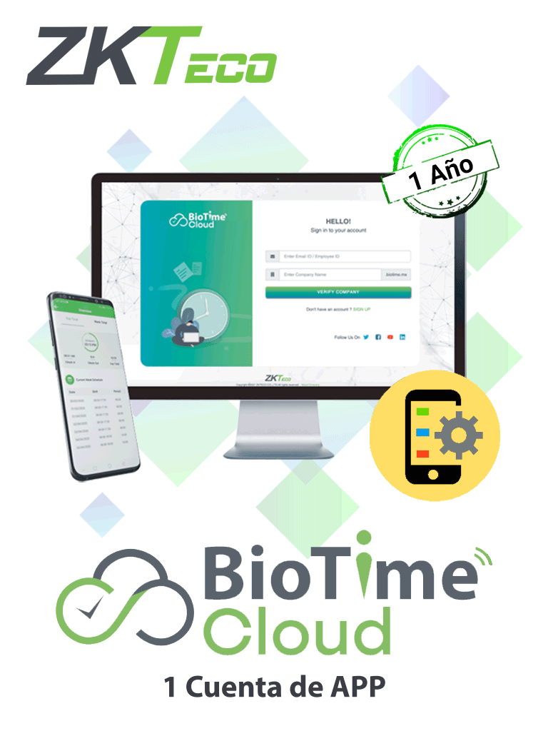  ZKTECO BIOTIMECLOUDAPP - Licencia de asistencia en la nube para la administración de una APP / renta de 1 año  	