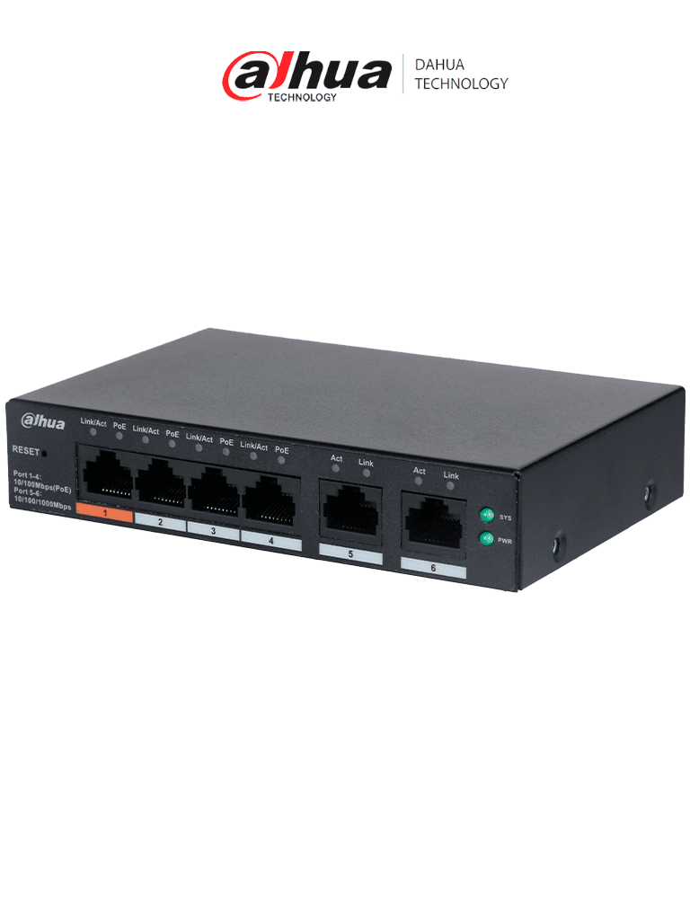 DAHUA CS4006-4ET-60 - Switch PoE de 6 Puertos Administrable/ 4 Puertos PoE 10/100/ 2 Puertos Uplink 10/100/1000/  60 Watts Totales/ Administrable en la Nube por DoLynk Care/ PoE Hasta 250 Metros/ Carcasa Metalica/ Switching 4.8 Gbps/ #LoNuevo