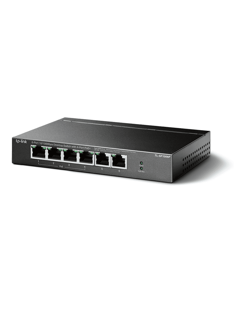TP-LINK TL-SF1006P -  Switch PoE no administrable con 6 puertos Fast Ethernet, incluyendo 4 puertos PoE AF y AT. Suministro PoE hasta 67W y modo extendido para conexiones de hasta 250m.