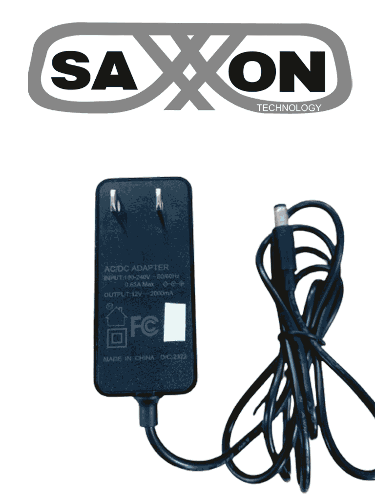 SAXXON KA24D1202000USH - Fuente de Poder Regulada / 12 Vcc 2 Amper / Conector Macho / Voltaje de Entrada: 100-240V / Ideal para Cámaras de CCTV , Controles de Acceso y Asistencia