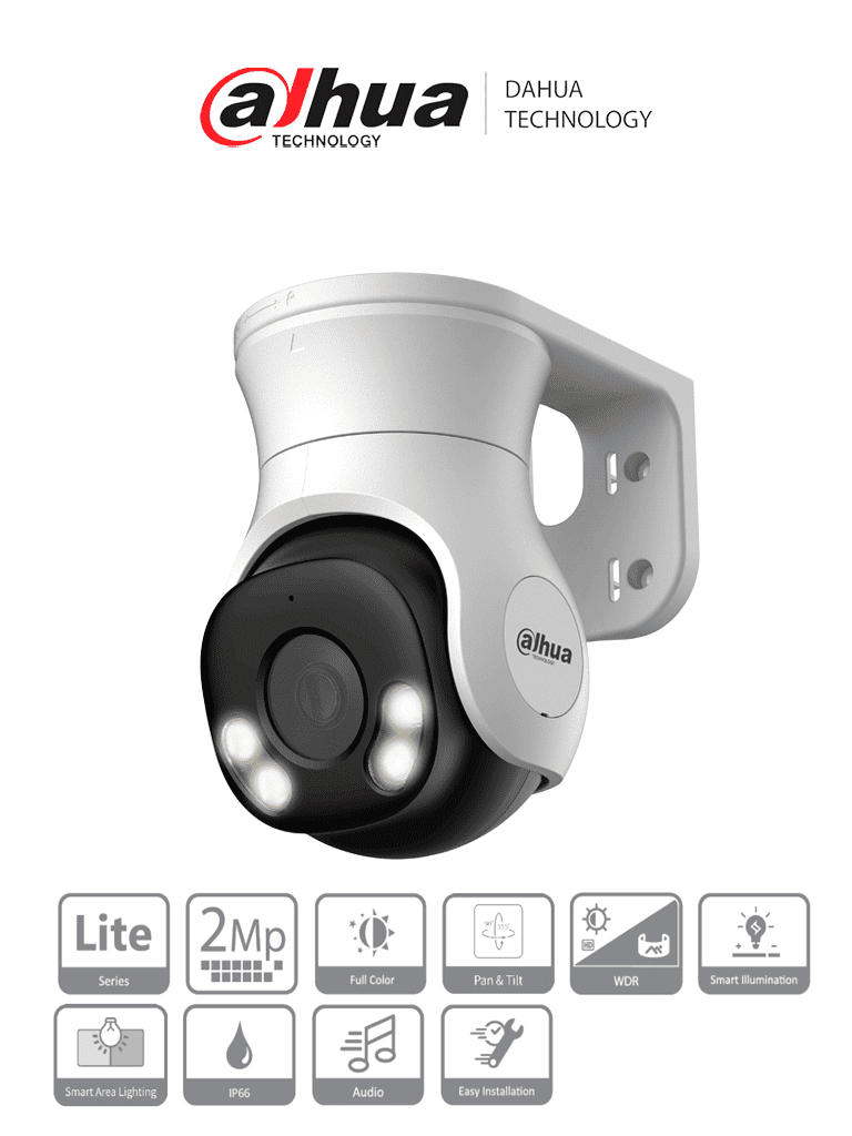 DAHUA HAC-PT1239A-A-LED - Camara PT de 2 Megapixeles HDCVI/ Full Color/ Lente de 2.8 mm/ 106 Grados de Apertura/ Microfono Integrado/ 40 Metros de Iluminación LED/ Super Adapt/ WDR Real de 130 dB/ IP66/ #LoNuevo