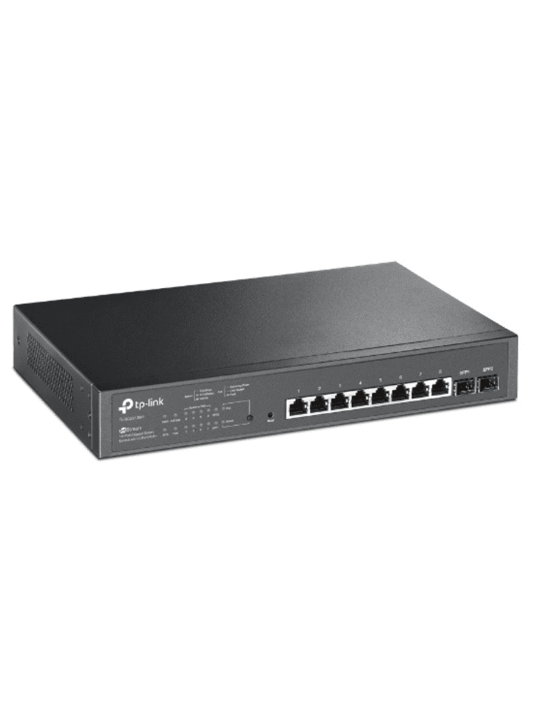 TP-LINK SG2210MP - Switch JetStream SDN administrable con 8 puertos 10/100/1000 Mbps y 2 puertos SFP, equipado con 8 puertos PoE y un presupuesto total de 150W. Permite administración centralizada a través de OMADA SDN."