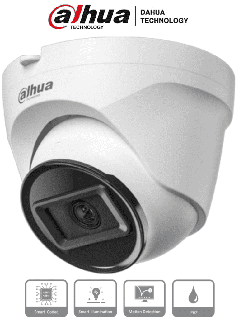 [DHT0040122] DAHUA IPC-T1E20 -Camara IP Domo de 2 MP, lente de 2.8 mm y 99° de visión. Alcance IR de 30 m, protección IP67 y alimentación PoE. Funciones avanzadas: DWDR, 3D NR, HLC, BLC y compresión H.265+ Ideal para videovigilancia confiable