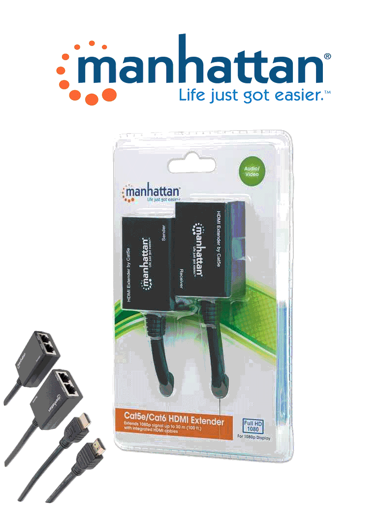 [MAN0570003] MANHATTAN 207386 - Extensor de HDMI por Cat5e/Cat6 / Extiende tu señal de 1080p hasta a 30m / cables HDMI integrados / 55 x 36 x 22 cm (Sobre Pedido)