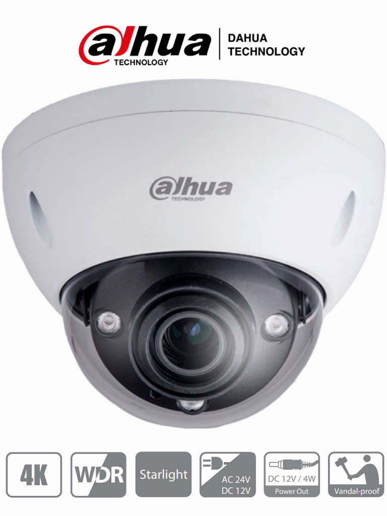 DAHUA HDBW3802E-Z- Cámara Domo 4K / Lente Mot. de 3.7 mm a 11mm / 1 Entrada de Audio/ IR de 50 Mts/ WDR Real/ SeriePro Starlight/ E&S de Alarma/ Voltaje Dual 12VDC/24VAC/ Metalica/ IK10/ IP67/