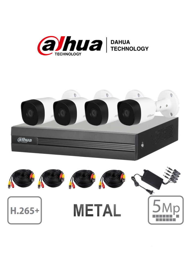 [DHT0250002] DAHUA XVR1B04H/4-B2A51 - Kit 4 Canales 5 Megapixeles/ 4 Camaras Metálicas de 5 Megapixeles B2A51/ DVR de 4 Canales H.265+ 5 Megapixeles Lite/ IR 20 Mts/ IP67/ Accesorios/