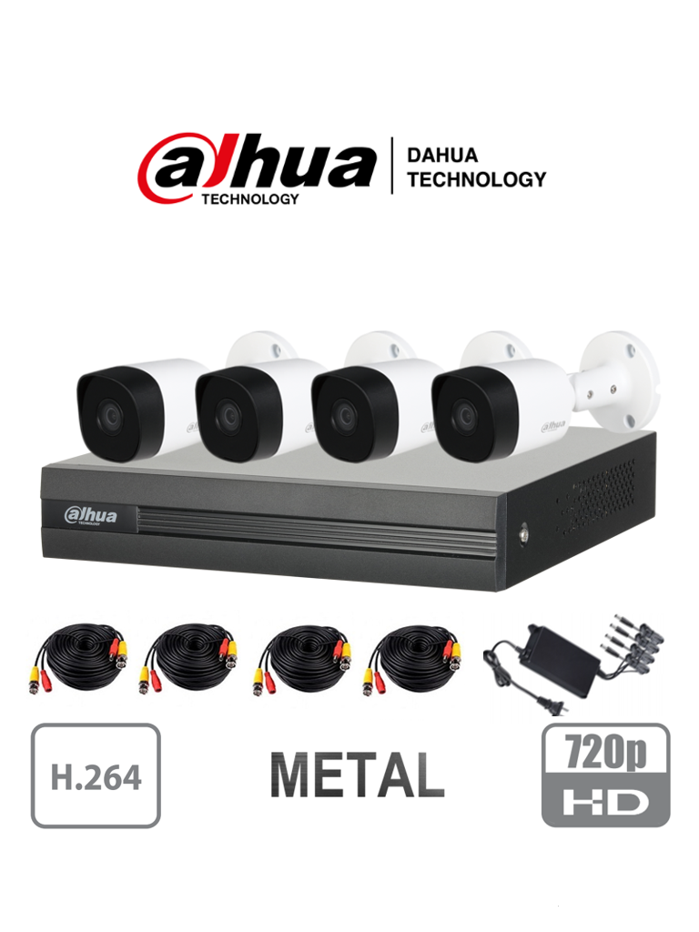 DAHUA COOPER XVR1A044B2A11 - Kit de 4 Canales 1 Megapixel/ 4 Camaras B2A11 720p Metalicas/ DVR de 4 Canales H.264 1080p Lite/ 1 Ch IP Adicional/ IR 20 mts/ IP67/ Accesorios/ #KitsDahua