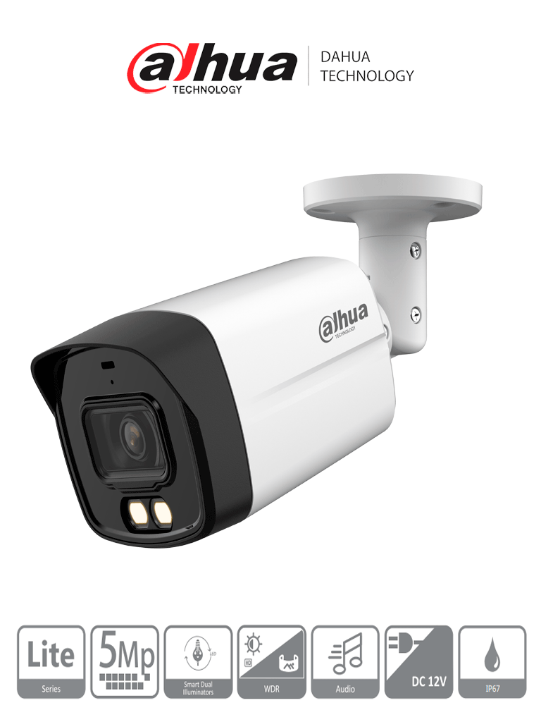 [DHT0290063] DAHUA DH-HAC-HFW1509TLM-IL-A - Cámara Bullet de 5 Megapixeles/ Iluminador Dual Inteligente + FullColor/ Lente de 2.8mm/ 111 Grados de Apertura/  40 Metros de Iluminación IR y Luz Visible/ Super Adapt/ Microfono Integrado/ IP67/ WDR Real