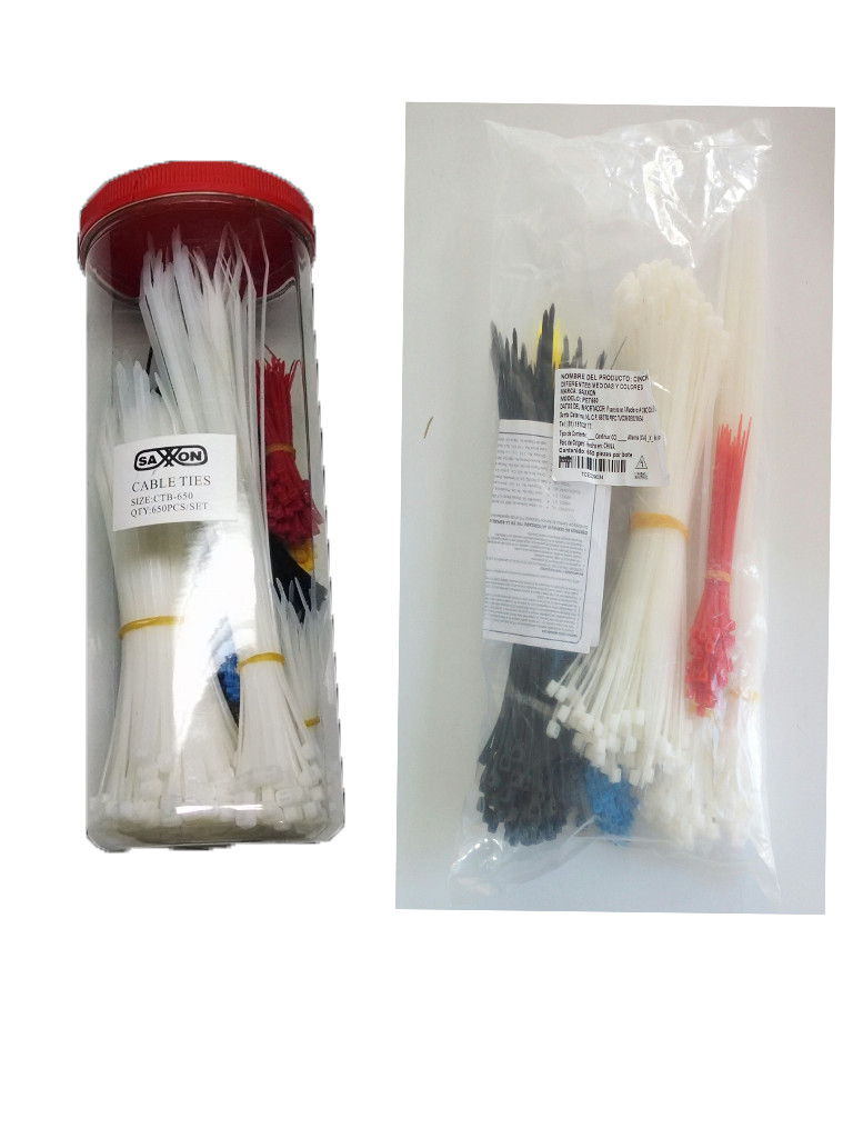 [TCE339034] SAXXON ePET650 - Cinchos bolsa con 650 piezas / Cinchos de diferentes medidas y colores negro / Blanco / Amarillo / Rojo / Azul