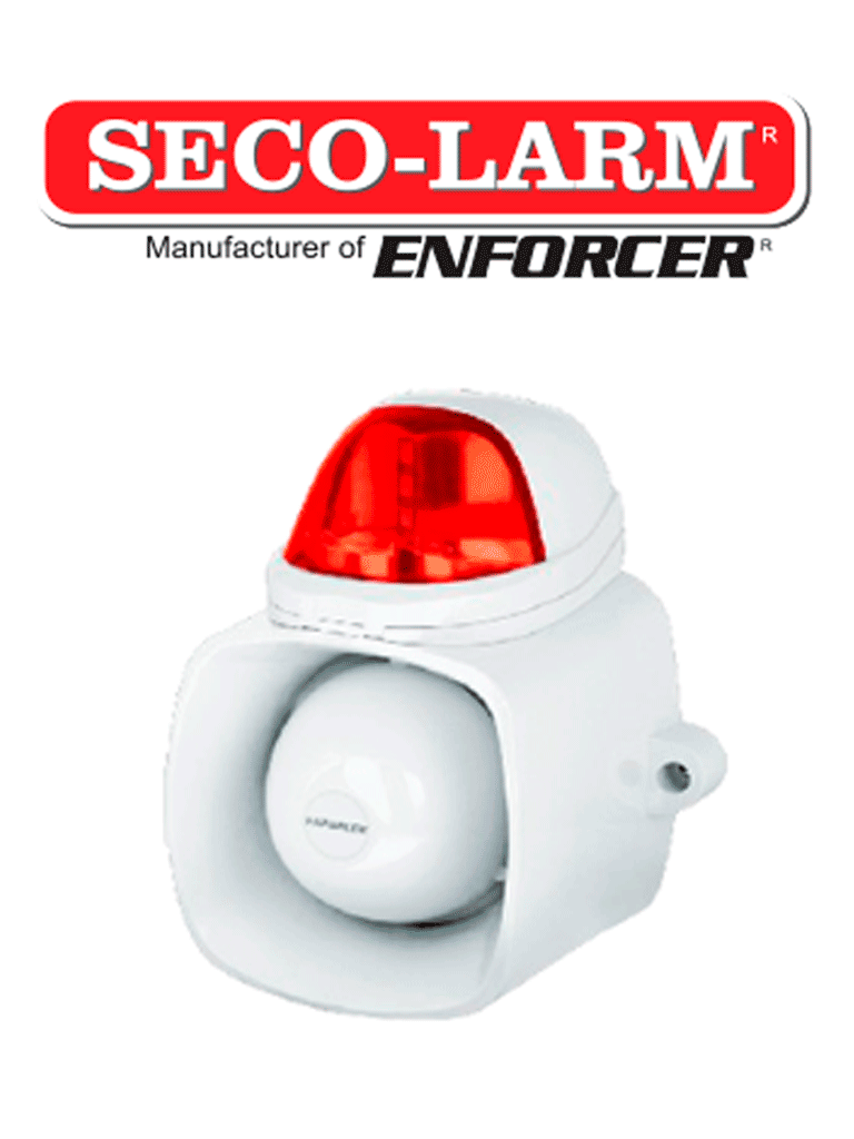 Seco-Larm SH816SSQR- Sirena autónoma de 9~15 V CC de 120 dB  . Altavoz de 25W con entrada de audio para emisión de mensajes, salida antisabotaje integrada, IP65. lente roja.