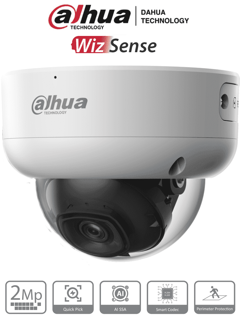 [DHT0040124] DAHUA IPC-HDBW3241E-AS-S2 - Cámara IP Domo Antivandálica de 2 Megapixeles/ WizSense/ Lente de 2.8 mm/ 107 Grados/ 50 Mts de IR/ Micrófono Integrado/ SMD 4.0/ AI SSA/ Quick Pick/ IP67/ PoE/ Ik10/ WDR Real/ E&S de Alarmas y Audio/ Ranura micro SD/ #LoNuevo