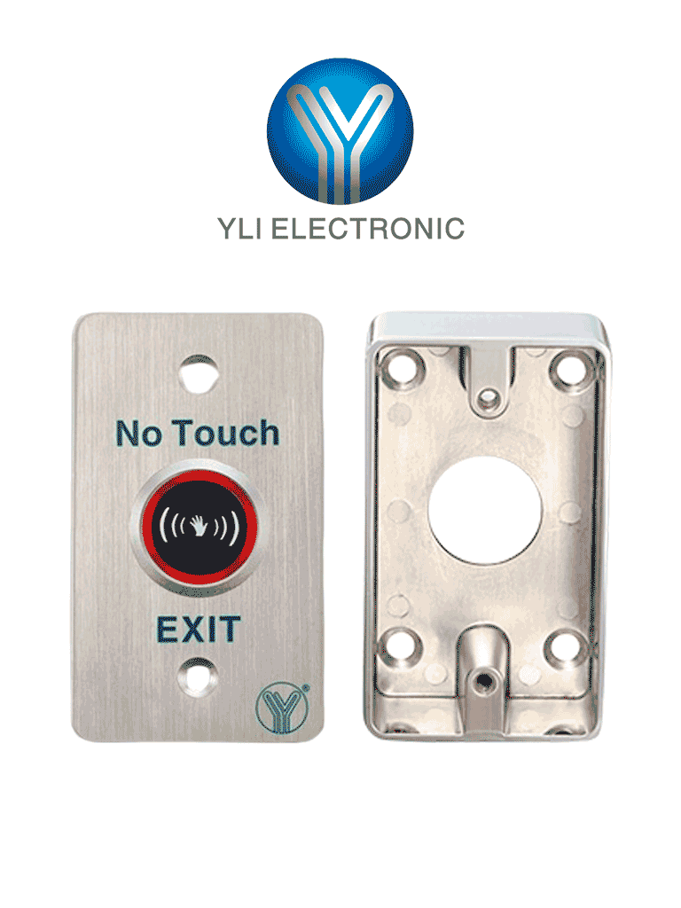 YLI KITISK841BLED800AM - Botón Liberador Sin Contacto con Sensor Infrarrojo Detección Ajustable y Retardo Programable, con Caja de Metal para Instalación Segura