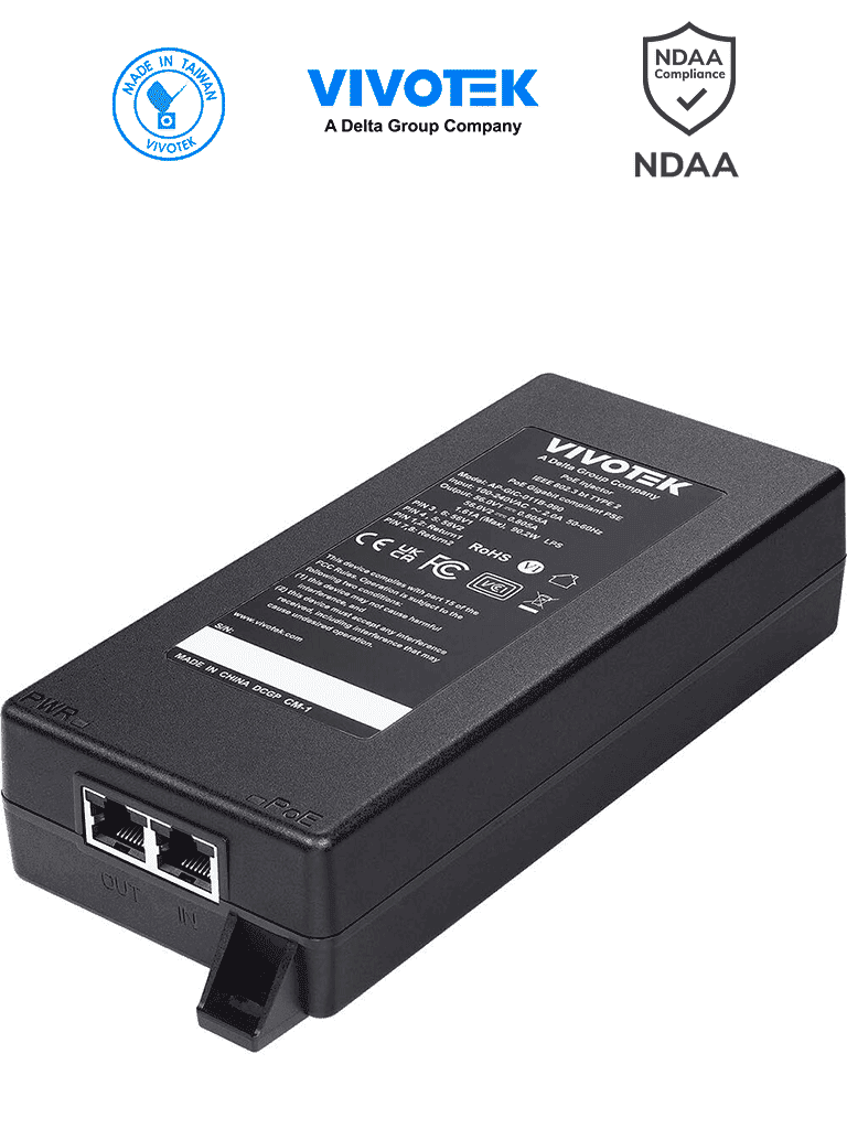 [VIV2350004] VIVOTEK AP-GIC-011B-090 - Inyector PoE Gigabit de 90W con 1 puerto, compatible con 802.3af/at/bt, NDAA, 56VDC/1.61A y protección de 6KV