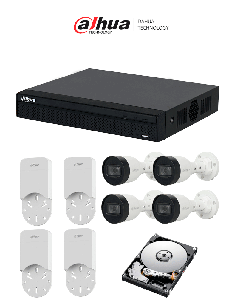 [DHT3300003] DAHUA KITNVR1104HS-P+4C+4S 1TB- Kit IP de 4 canales con NVR con 4 puertos PoE, 1TB de almacenamiento, y 4 cámaras bullet de 2MP con clasificación IP67. Incluye caja de conexiones PFA12A de policarbonato resistente, ideal para exteriores.