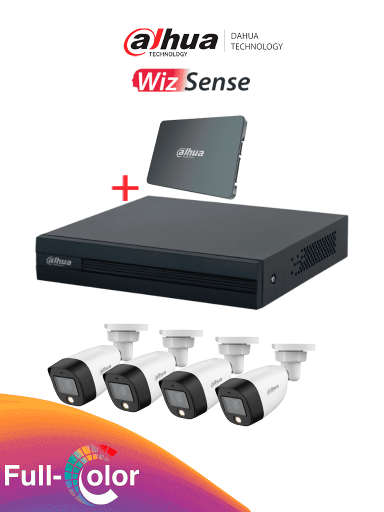[DHT0250023] DAHUA KIT/XVR1B04-I-SSD512G4HFW1209 - Kit FullColor de 4 Canales con SSD de 512GB/ 4 Camaras Full Color de 2 Megapixeles con Microfono/ DVR Cooper-I WizSense/ Con IA/ 4 Ch+1 IP/ Accesorios Incluidos/