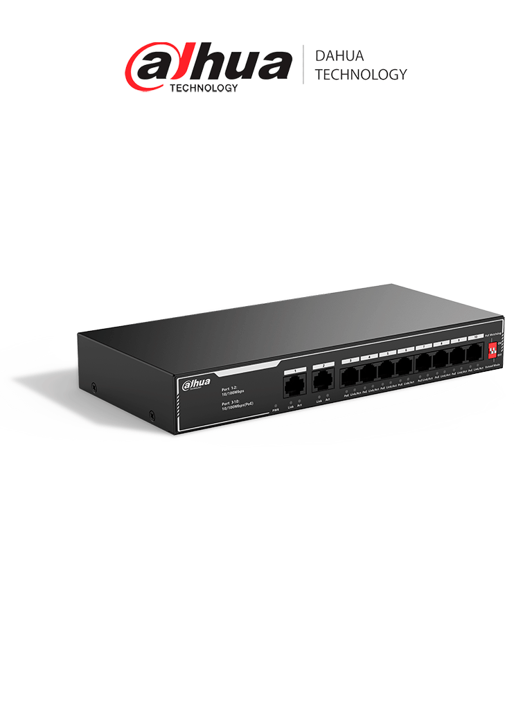 DAHUA SF1010LP - Switch PoE de 10 Puertos Fast Ethernet/ 8 Puertos PoE 10/100 / 65 Watts Totales / 2 Puertos Uplink RJ-45/ PoE watchdog/ Hasta  250 metros/ Switching 12 Gbps/ Protección Contra Descargas/ #LoNuevo