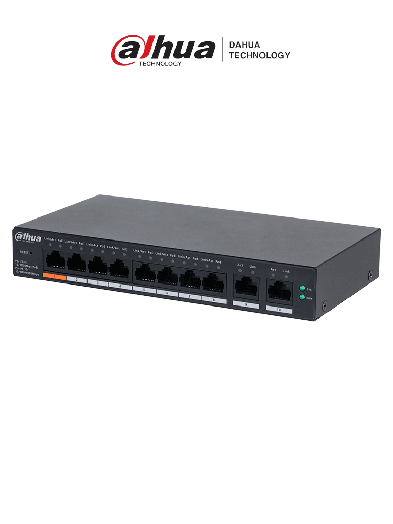 DAHUA DH-CS4010-8ET-60 Switch Poe de 8 Puertos Gigabit/ Poe Inteligente/ 60Watts Totales/ 2 Puertos uplink/ Switching 4.8Gbps/ Protección de Descargas/ Plataforma DoLynk Care
