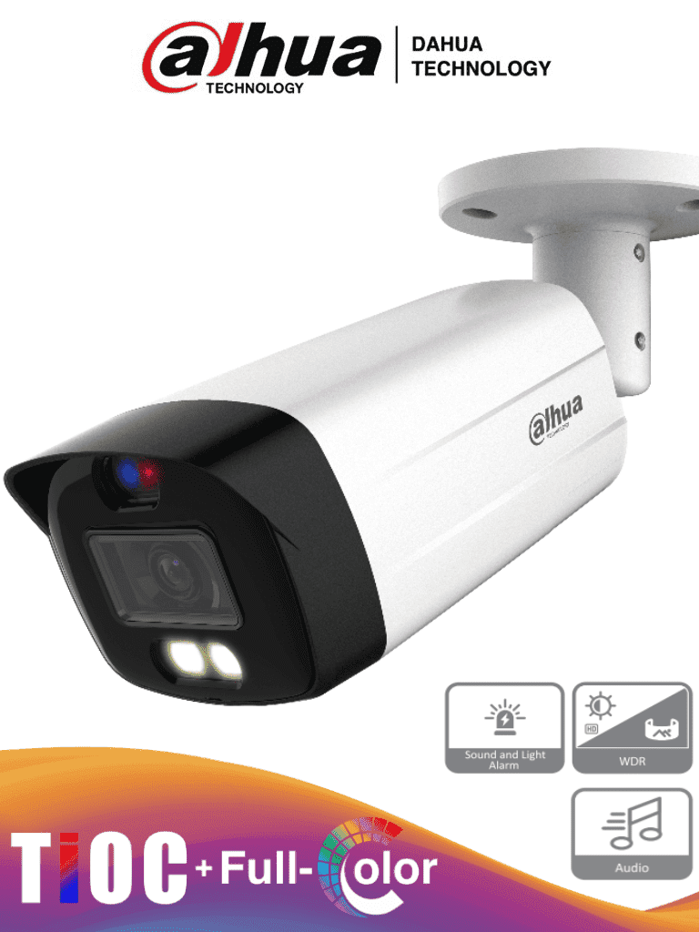 DAHUA HAC-ME1809TH-A-PV - Cámara Bullet TiOC 4k/ Disuasión Activa/ Full Color/ Estrobo Azul y Rojo/ Lente de 3.6mm/ Luz de 40 Mts/ Micrófono Integrado/ 1 Salida de Alarma/ Soporta: CVI/TVI/AHD/ IP67/ 