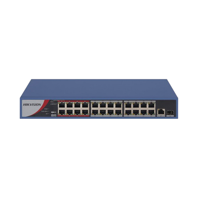Switch PoE+ / No Administrable / 24 Puertos 10/100 Mbps PoE+ / 2 Puertos 1000 Mbps Uplink / 1 Puerto SFP Uplink / Modo Extendido hasta 300 Metros / 230 W
